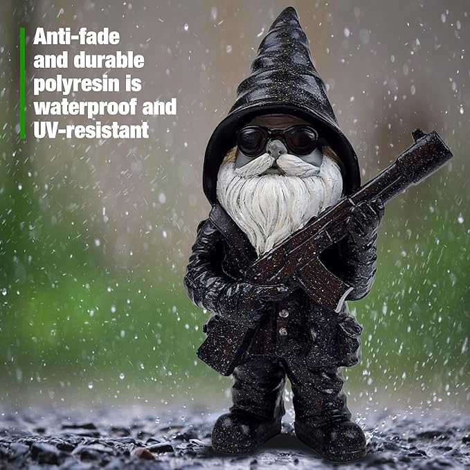 Better Office Products Garden Gnome Statue, 8" Height, Handcrafted Waterproof, UV-Resistant Polyresin Lawn Patio Porch Ornament Decoration (Stone Cold Hitman)-VerdiqueGarden