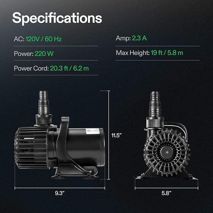 VIVOSUN 4500 GPH Submersible Water Pump, 220W Pond Pump, Ultra Quiet Aquarium Pump with 19FT. Lift Height for Pond Waterfall, Fish Tank, Statuary, or Hydroponics-VerdiqueGarden