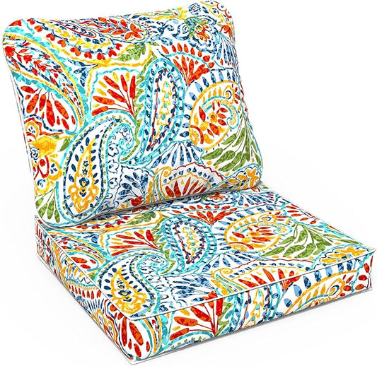 LVTXIII Outdoor Deep Seat Cushion 24"x24"x4" Patio Seat and Back Cushion Set Seasonal Chair Cushion for Dining Arm Chairs, Wicker Chairs and Garden Furniture Decoration, Paisley Multi-VerdiqueGarden