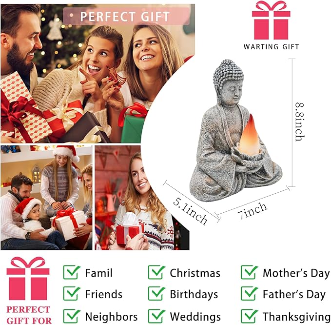 Buddha Statue for Home and Outdoor Decor Solar Powered Flickering LED,Garden Light Zen Meditation Spiritual Room Decor- Buddha Decor Outdoor-Ideas Gifts for Women, Mom-VerdiqueGarden