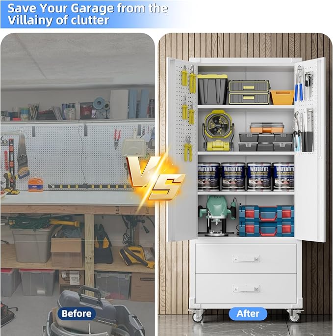 Upgraded Metal Garage Storage Cabinet with Wheels and 2 Drawers, Rolling Tool Cabinet with 3 Shelves and Pegboard Behind The Door for Home Office Garage,Assembly Required,White-VerdiqueGarden