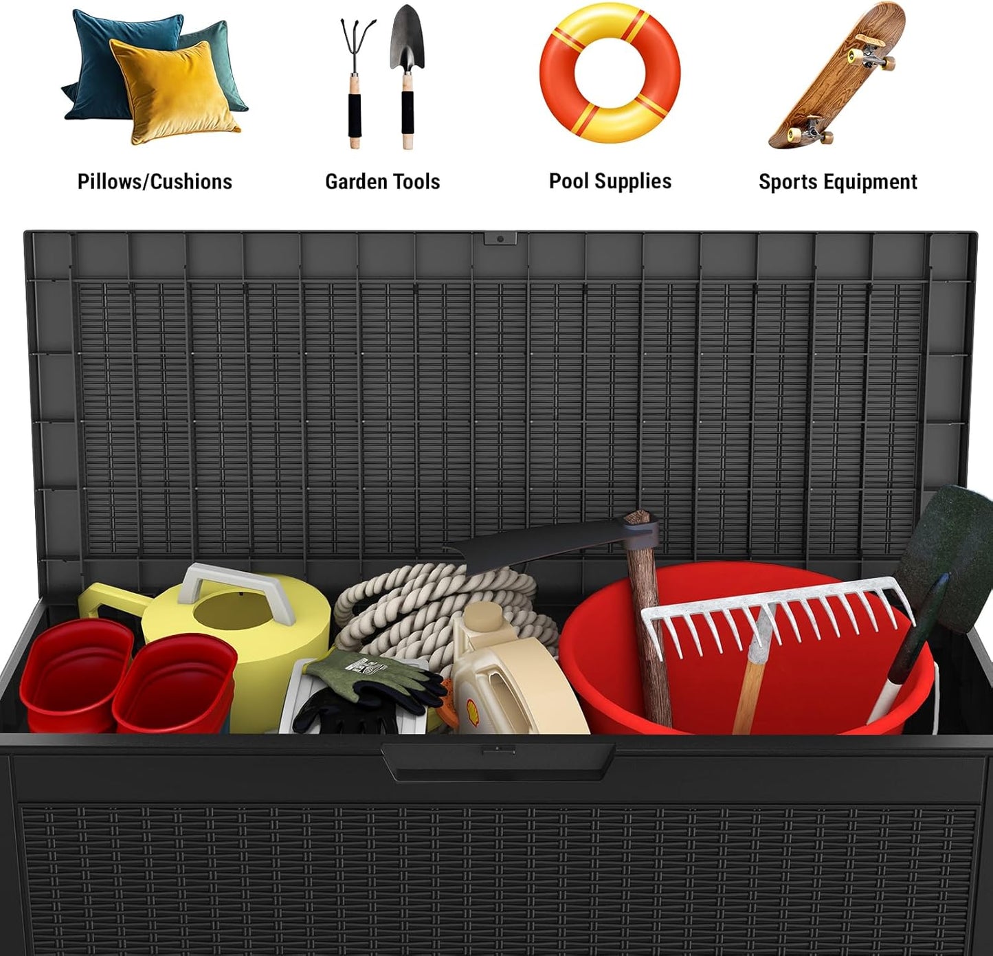 Mars Villa 60 Gallon Deck Box, Outdoor Storage Box Waterproof, Outside Resin Storage Bin for Outdoor Patio Furniture Cushions, Pool Supplies, Garden Tools, UV-Resistant and Weatherproof, Rattan Black-VerdiqueGarden