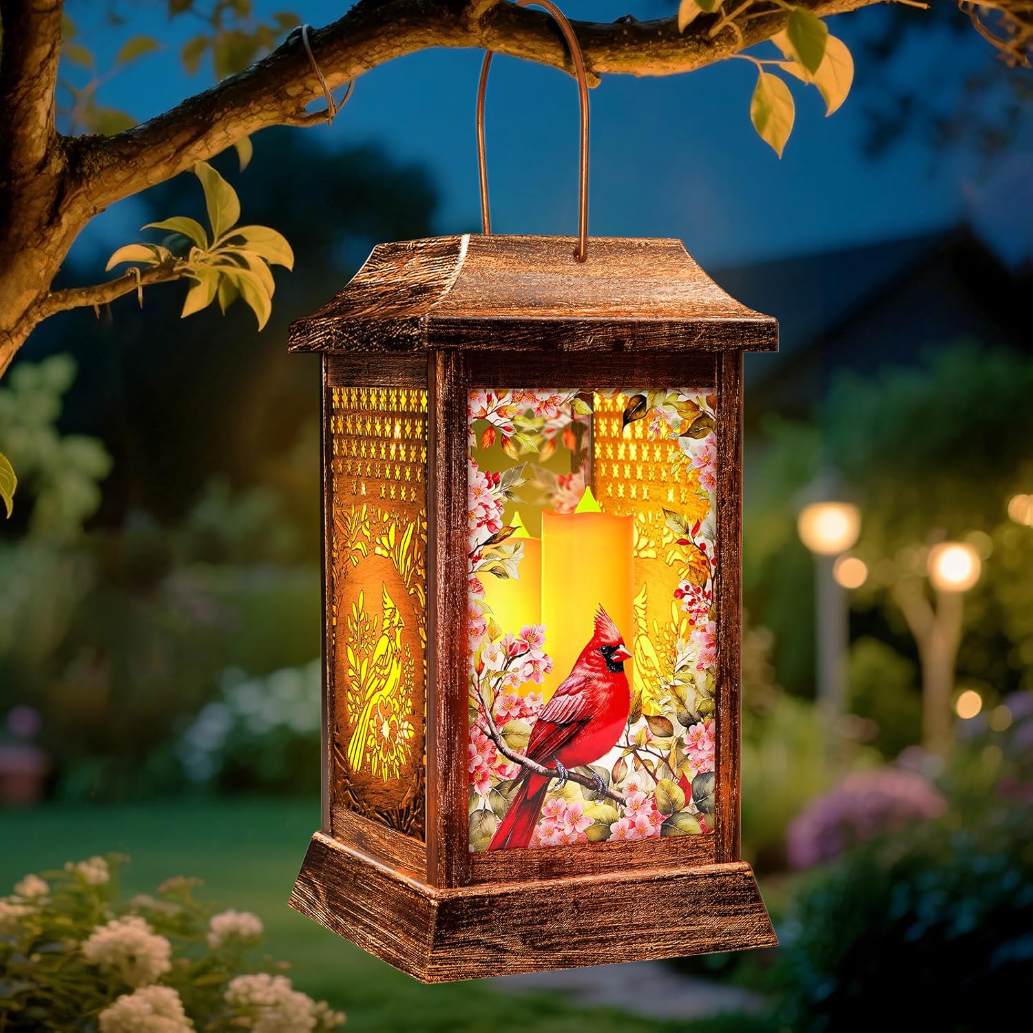 Cardinal Solar Lanterns Outdoor Waterproof, Metal & Glass Hanging Lights Garden Decor, Birthday Gifts for Women Mom Grandma Mothers Day, Decorative Lights for Outside Yard Patio Backyard Porch-VerdiqueGarden