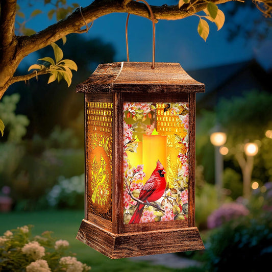 Cardinal Solar Lanterns Outdoor Waterproof, Metal & Glass Hanging Lights Garden Decor, Birthday Gifts for Women Mom Grandma Mothers Day, Decorative Lights for Outside Yard Patio Backyard Porch-VerdiqueGarden