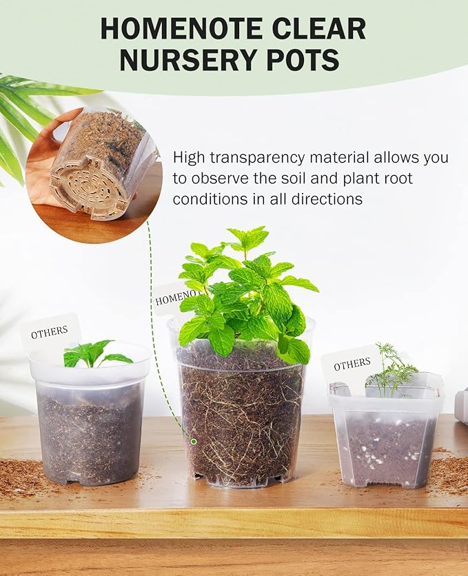 homenote Clear Nursery Pots for Plants,4 Inch Plant Pot for Planting Plastic Seedling with Drainage Holes Seed Starter Flower High Transparency with 20 Labels (60 Pack)-VerdiqueGarden