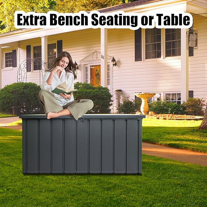 Domi Outdoor Storage Deck Box 120 Gallon, Waterproof Lockable Steel Outdoor Storage Container for Outside Cushions, Garden Tools and Pools Equipment, Gray-VerdiqueGarden