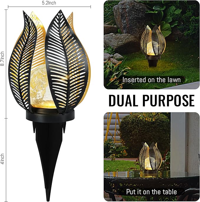 Solar Garden Lights Waterproof Decorations,Crackle Globe Glass,Metal Palm Leaf Solar Lights for Outdoor Decor On Garden,Patio,Yard,Front Porch,Tabletop Lamp-Perfect Gifts-VerdiqueGarden