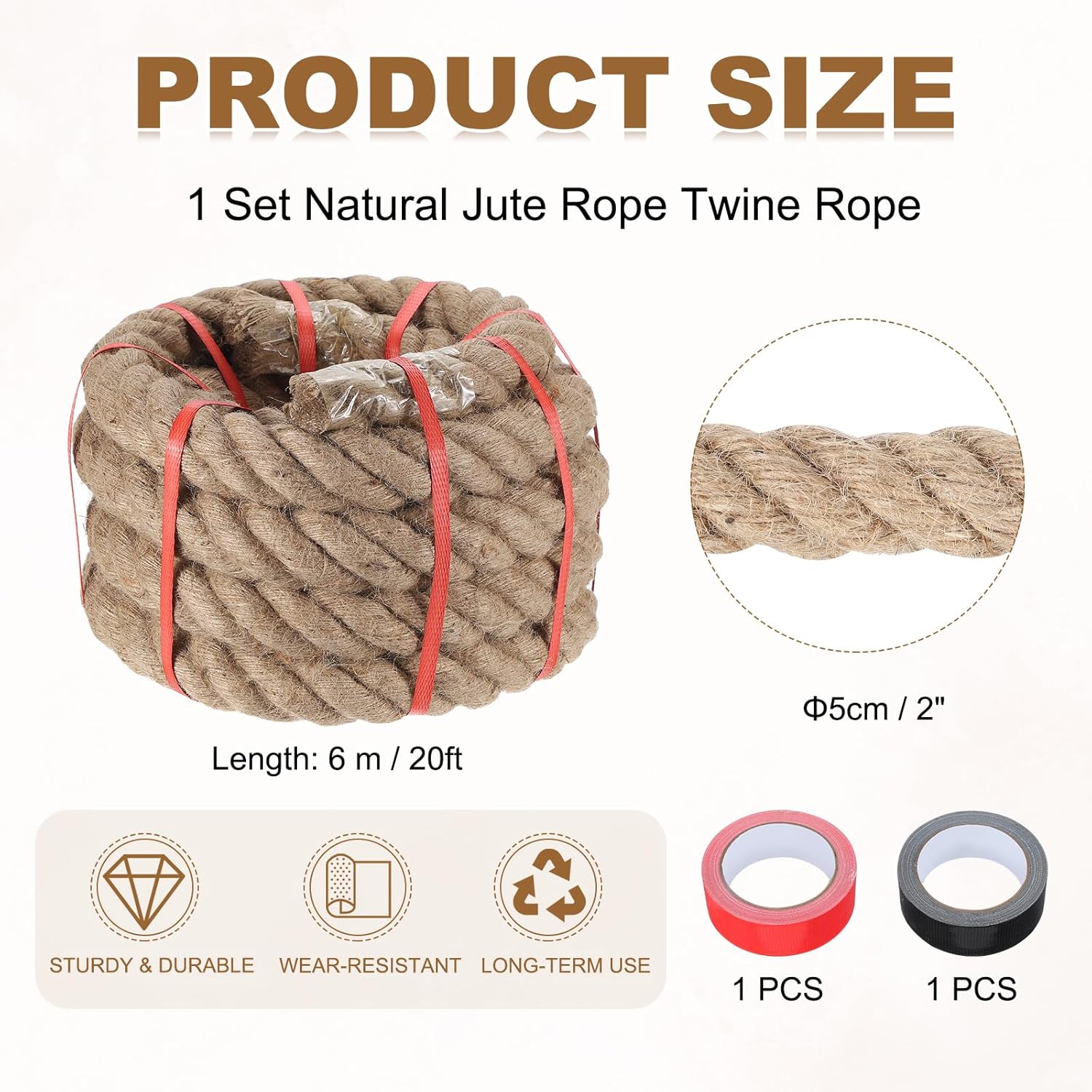 MECCANIXITY Jute Rope 2 Inch x 20ft, Thick Twine Rope Ropes Braided Jute Twine Natural Brown Burlap Cord String Heavy Twisted with Tapes for Decorative Crafts Railing Swing Tug of War-VerdiqueGarden