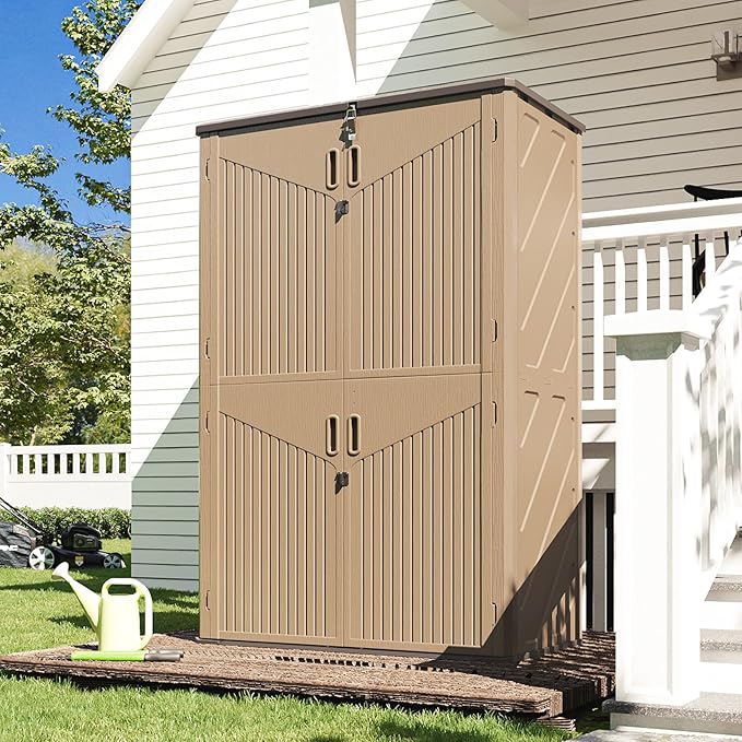 Aoxun Outdoor Storage Shed, 64 Cu.Ft Vertical Storage Sheds Outdoor with Floor, Outdoor Waterproof Storage Cabinet for Garage Storage, Pool Storage, Bike Shed, Garden Shed (Brown)-VerdiqueGarden