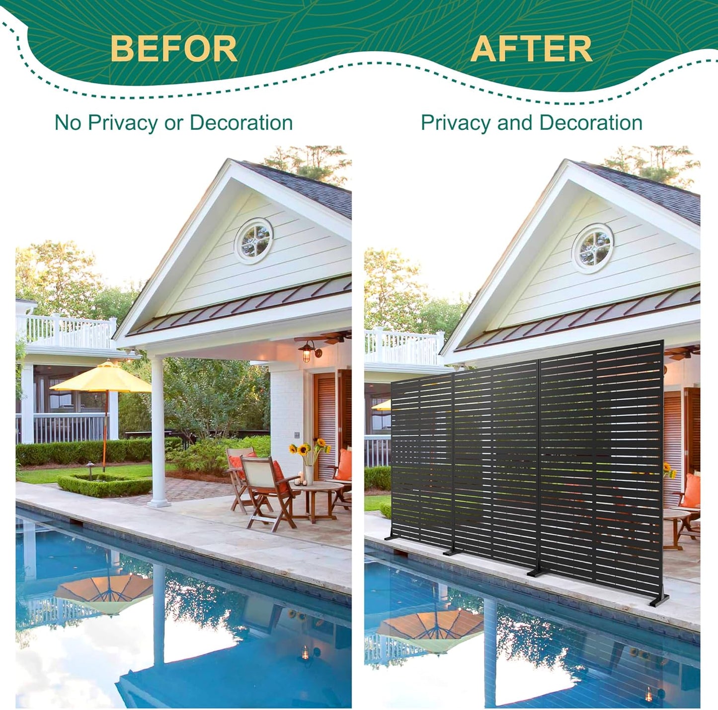 72" H×44" W Metal Privacy Screen Outdoor Privacy Screen Freestanding, Outdoor Privacy Screens and Panels for Patio Lawn Deck, Outdoor Privacy Panels Decorative Privacy Fence(Consists of 5 Panels)-VerdiqueGarden