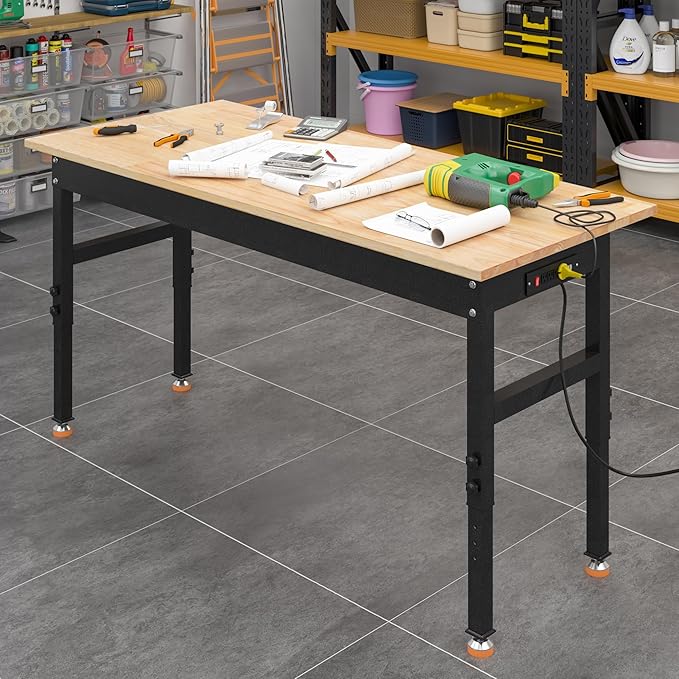 48" Adjustable Work Bench, Rubber Wood Top Workbench Heavy-Duty Work Table with Power Outlet, 2000 LBS Load Capacity Hardwood Work Benches for Garage, Workshop, Home, Office, Easy Assembly-VerdiqueGarden