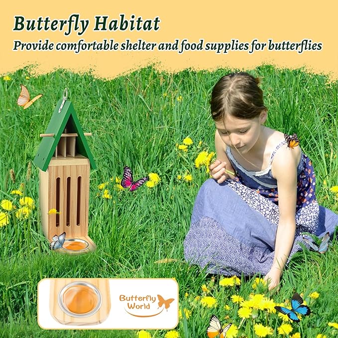 Butterfly House and Feeder for Outside, Wooden Butterfly House for Garden, Natural Butterfly Habitat with Butterfly Puddler on The Floor or Hanging on Tree Wall-VerdiqueGarden