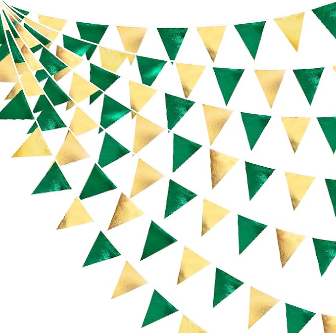 Green Gold Party Decorations Metallic Fabric Triangle Pennant Banner Flag Bunting Garland for Graduations Birthday Retirement Wedding Baby Shower Spring Summer Master Golf Theme Outdoor Party Supplies-VerdiqueGarden