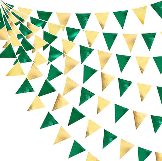 Green Gold Party Decorations Metallic Fabric Triangle Pennant Banner Flag Bunting Garland for Graduations Birthday Retirement Wedding Baby Shower Spring Summer Master Golf Theme Outdoor Party Supplies-VerdiqueGarden