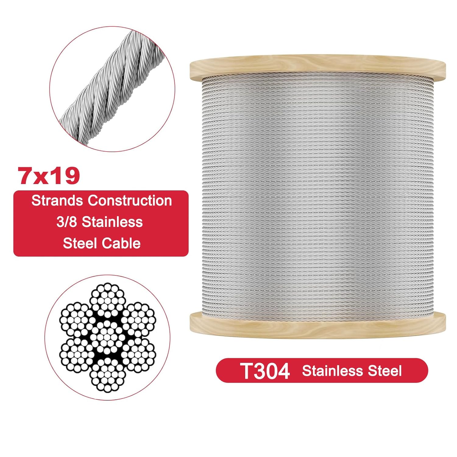 3/8 Stainless Steel Cable with 7x19 Strands and 12000lbs Breaking Strength 304 Stainless Steel Wire Rope for Aircraft Cable 150FT-VerdiqueGarden