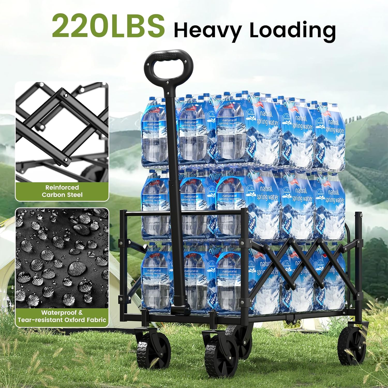 220LBS Foldable Wagon with All-Terrain Wheels, Portable Wagon Cart with Extended Tailgate, Adjustable Handle, Utility Cart for Camping, Shopping, Garden, Sports, Grocery, Black-VerdiqueGarden