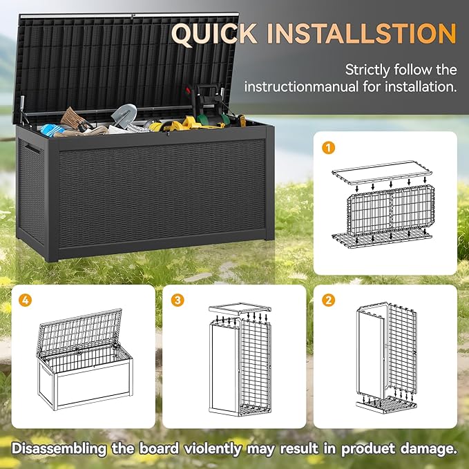 KAMABOKO 260 Gallon Outdoor Storage Box, Resin Deck Boxes Indoor and outdoor, Waterproof Storage Box Lockable Lid for Garden Tools, Package Delivery, Patio Cushions, Black-VerdiqueGarden