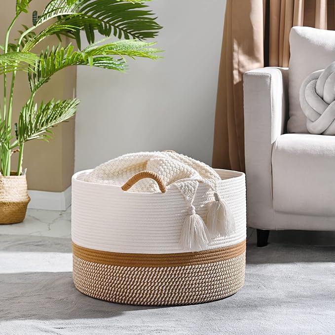 KAKAMAY Large Blanket Basket (20"x13"),Woven Baskets for storage Baby Laundry Hamper, Cotton Rope Blanket Basket for Living Room, Laundry, Nursery, Pillows, Baby Toy chest (White/Brown)-VerdiqueGarden