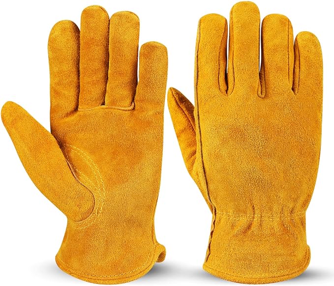 OZERO Leather Work Gloves Flex Grip Tough Cowhide Gardening Glove for Men and Women (Gold With Mesh Lining (1 Pair), X-Large)-VerdiqueGarden