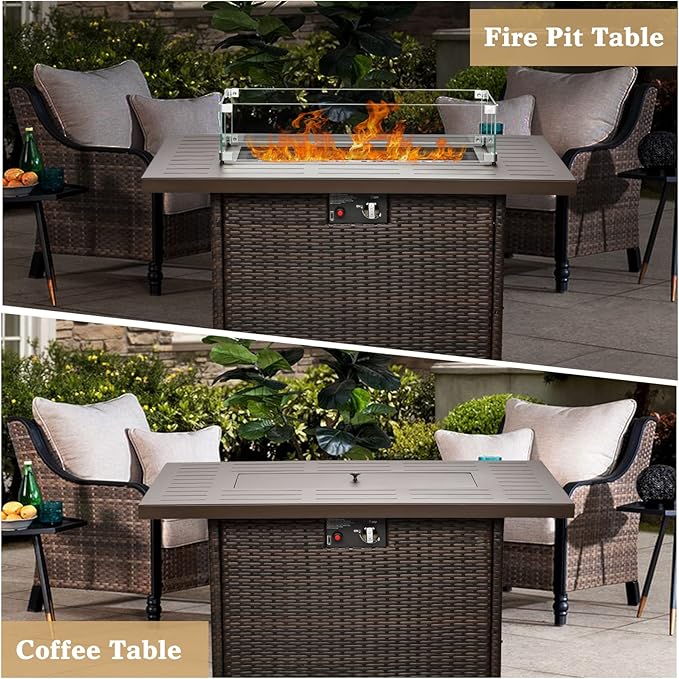 Propane Fire Pit Table,44 Inch 55000 BTU Outdoor Gas Fire Pit Rectangular with Glass Wind Guard for Outside Patio Deck (Brown-Aluminum Top)-VerdiqueGarden