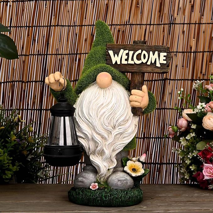 Garden Gnome Statue Outdoor Decor Large Flocked Resin Gnome Figurine with Solar Light Holding Lantern Welcome Sign Garden Yard Decorations Dwarf Sculpture for Outside Patio Porch Lawn Decor.-VerdiqueGarden