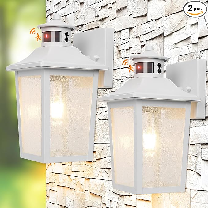 White Motion Sensor Outdoor Wall Light 2 Packs, Dusk to Dawn Outdoor Wall Lighting, Waterproof Exterior Light Fixture, Modern Porch Light Outside Wall Mount for House Patio Garage, Anti-Rust-VerdiqueGarden