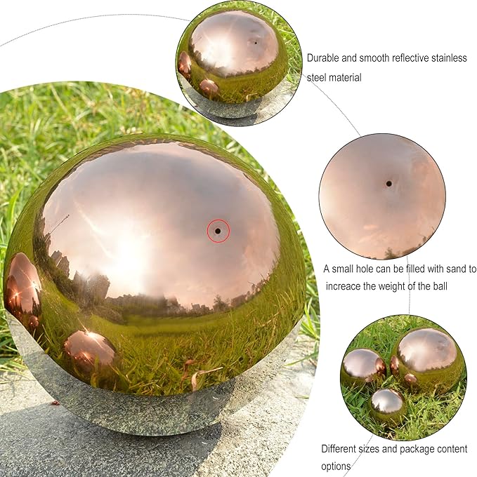 Nerien Gazing Ball, Stainless Steel Garden Mirror Globe, Polished Ornament Sphere, Hollow Floating Reflective Hemisphere, for Home Outdoor Pond Housewarming Swimming Pool Decoration, Rose Gold, 10Pcs-VerdiqueGarden