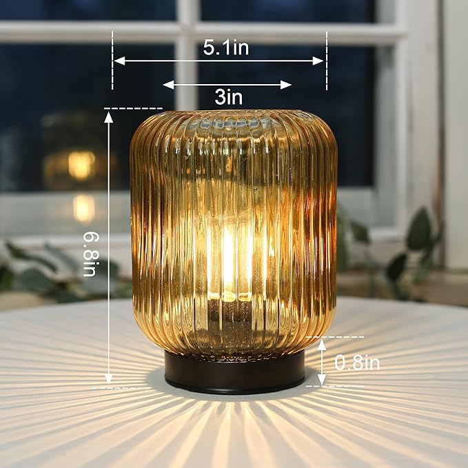 Battery Operated Lamp, Cordless Table Lamps for Home Decor, Battery Powered Nightlight with LED Bulb, Decorative Glass Beside Lamp for Bedroom Living Room-Gold-VerdiqueGarden