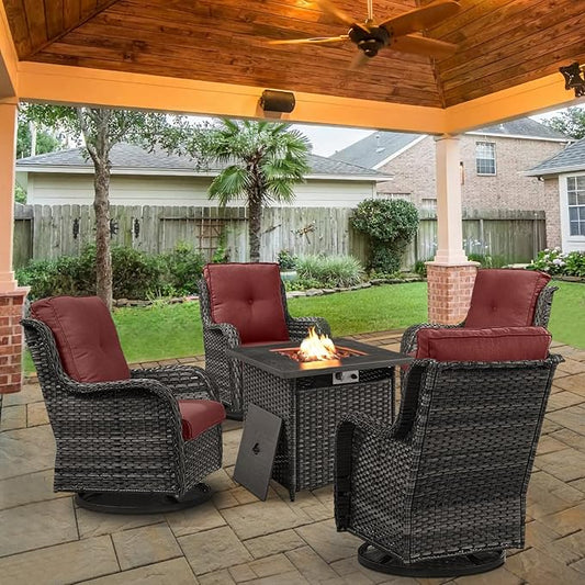 5 Pieces Patio Wicker Furniture Set - 4 Outdoor Swivel Rocker Glider Chairs with 50000BTU Propane Fire Pit Table, Warm Patio Conversation Set Red Cushion Perfect for Casual Gathering-VerdiqueGarden