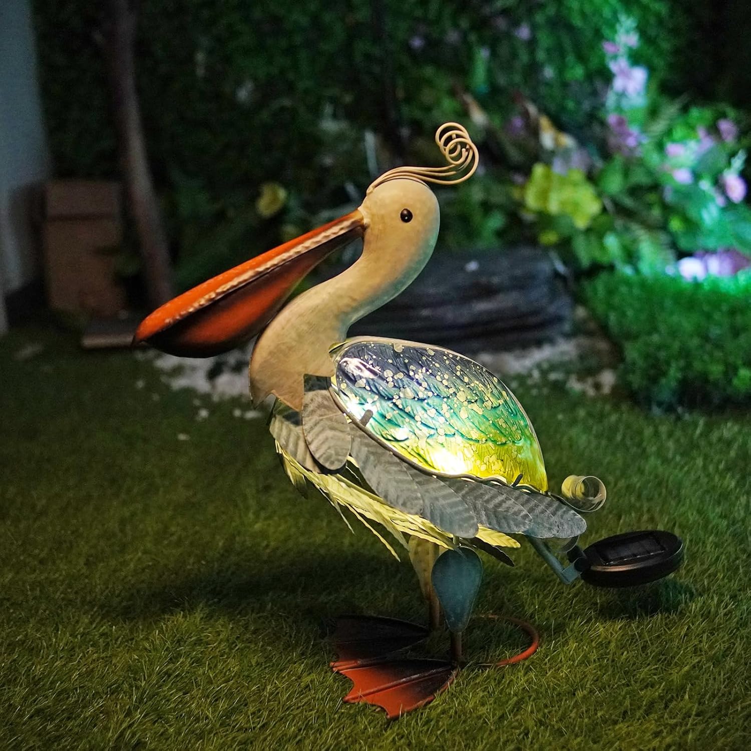 HONGLAND Solar Metal Pelican Statues Garden Sculpture & Statues, 17 Inch Glass Outdoor Pelican Yard Art Coastal Ocean Bird Decor Lawn Ornament for Backyard Porch Patio Decor（Blue-Green）-VerdiqueGarden