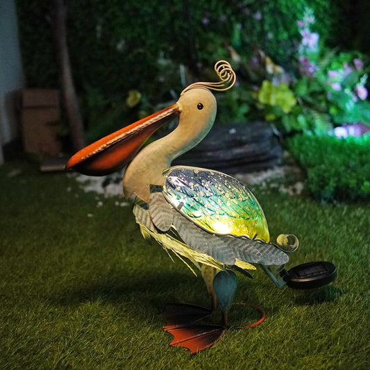 HONGLAND Solar Metal Pelican Statues Garden Sculpture & Statues, 17 Inch Glass Outdoor Pelican Yard Art Coastal Ocean Bird Decor Lawn Ornament for Backyard Porch Patio Decor（Blue-Green）-VerdiqueGarden