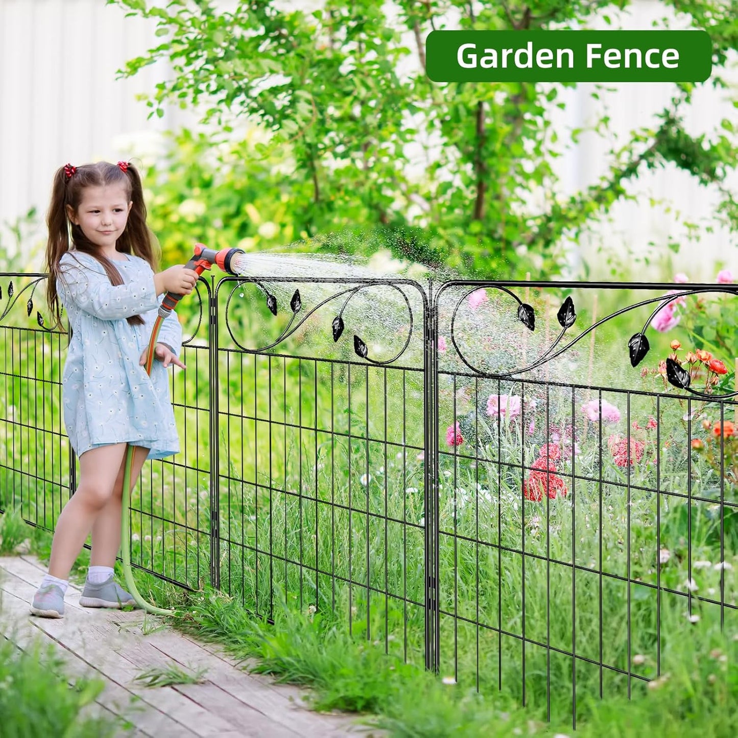 Decorative Outdoor Garden Fence 30in(H) X12ft(L) 6 Panels+7 Stakes Leaf Black Metal Garden Fencing for Landscape Lawn Patio, Temporary Animal Barrier Fences for Dogs-VerdiqueGarden