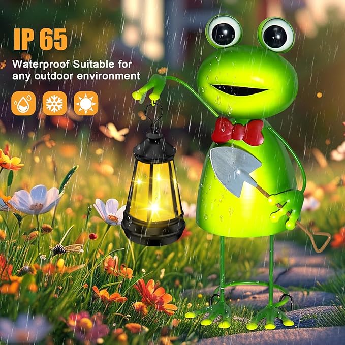 Solar Garden Lights Frog Statue with Solar Lantern lights,13.78in Frog Decoration Fairy Accessories,Birthday Gifts for Women Mom Grandma,Big Metal Decorative Stakes for Home decor,Patio,Porch,Yard Art-VerdiqueGarden