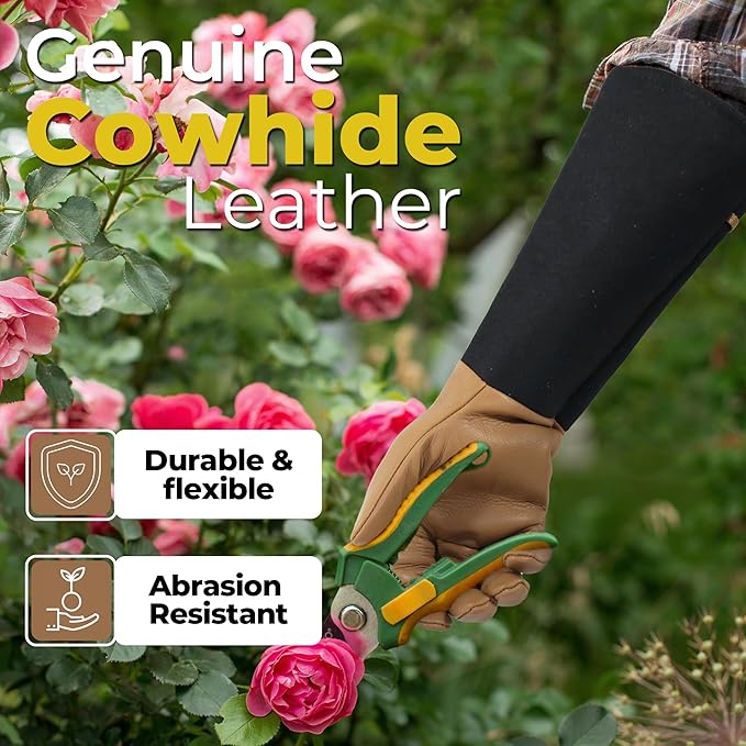 HANDLANDY Long Gardening Gloves for Men & Women, Cowhide Leather Rose Pruning Gloves, Breathable Thorn Proof Gauntlet Glove (Brown-Cowhide, M)-VerdiqueGarden