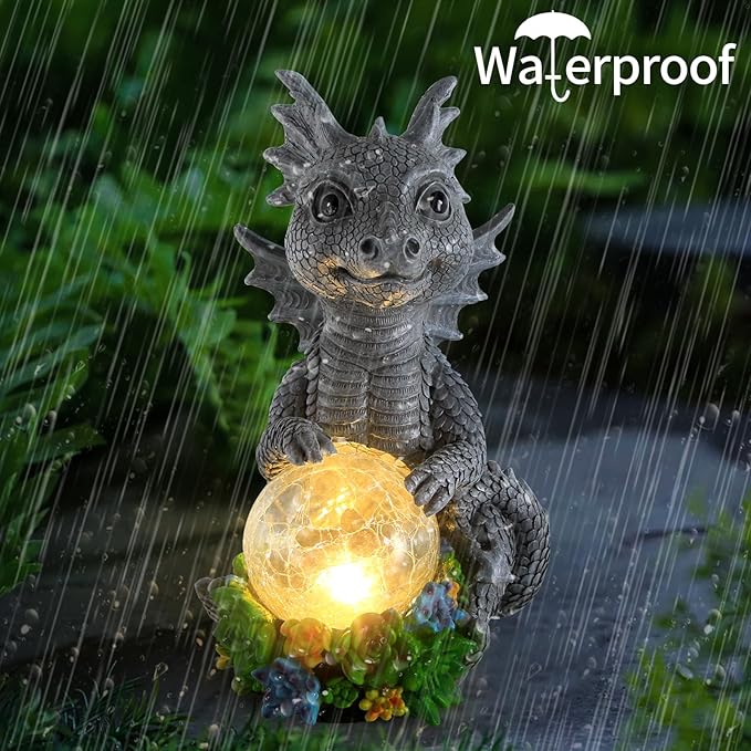 Solar Garden Outdoor Statues Dragon Holding Magic Orb with Solar LED Lights - Lawn Decor Outdoor Statue for Patio, Balcony, Yard Ornament,Unique Gifts for Mom Grandma-VerdiqueGarden