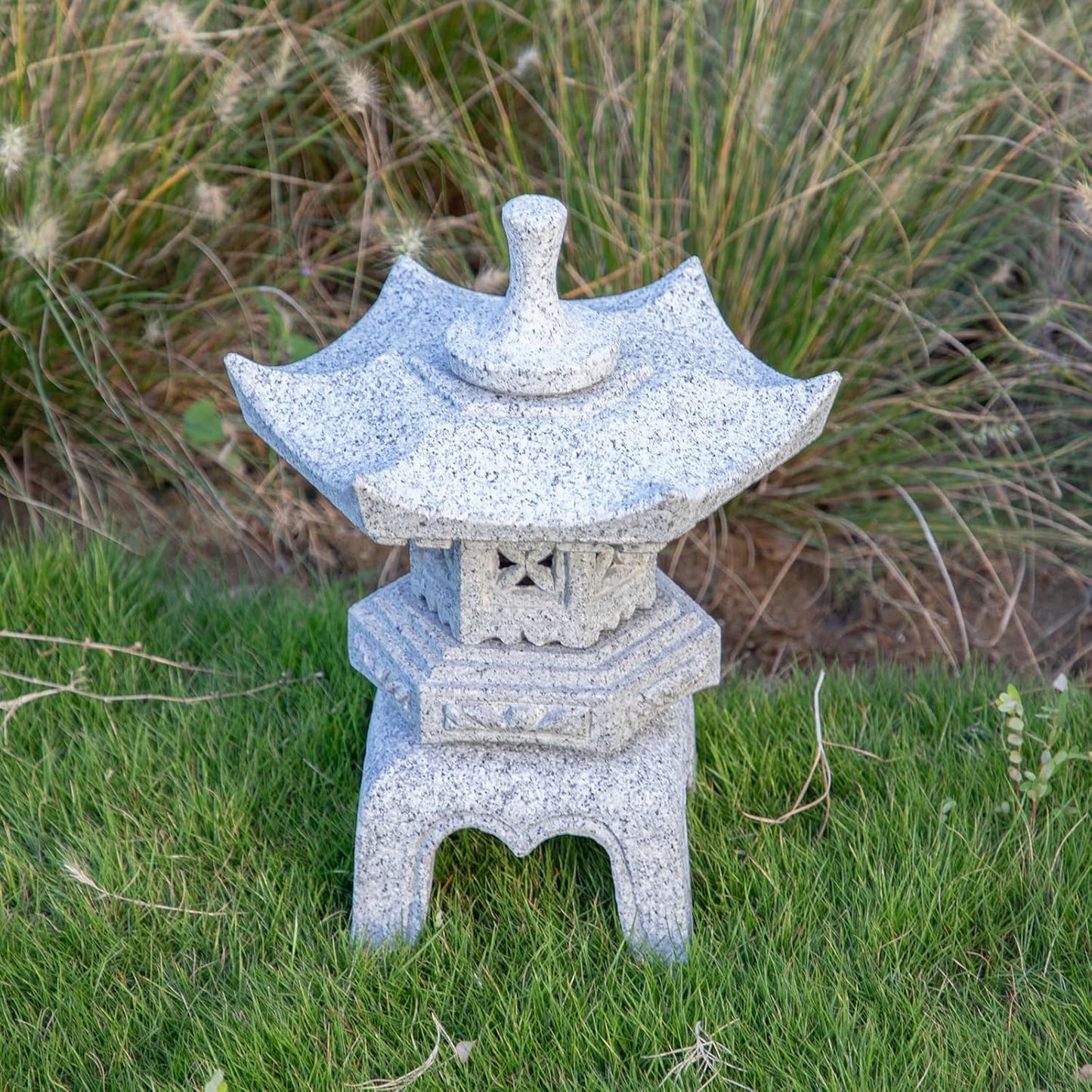 Generic Five Pieces Stone Japanese Lantern, Light Gray, Water Resistant, Granite, 16 inches H x 12.2 inches W x 12.2 inches D, Garden Decoration, Outdoor Lantern-VerdiqueGarden