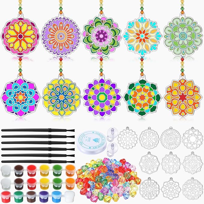 30 Sets Suncatchers Window Art Kits, DIY Sun Catchers Bulk Crafts Paint Your Own Window Ornaments for Boys Girls Classroom Home Party Birthday Activity Decor(Mandala Style)-VerdiqueGarden