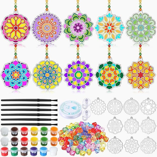 30 Sets Suncatchers Window Art Kits, DIY Sun Catchers Bulk Crafts Paint Your Own Window Ornaments for Boys Girls Classroom Home Party Birthday Activity Decor(Mandala Style)-VerdiqueGarden