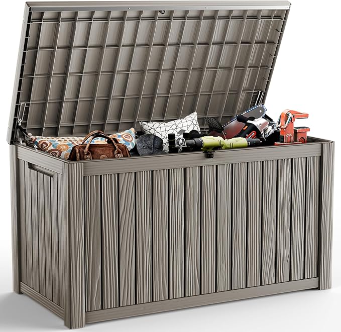 DRATO 180 Gallon Deck Box, Waterproof Resin Large Outdoor Storgae Box for Patio Furniture, Patio Cushions, Gardening Tools, Pool and Sports Supplies, Lockable-VerdiqueGarden