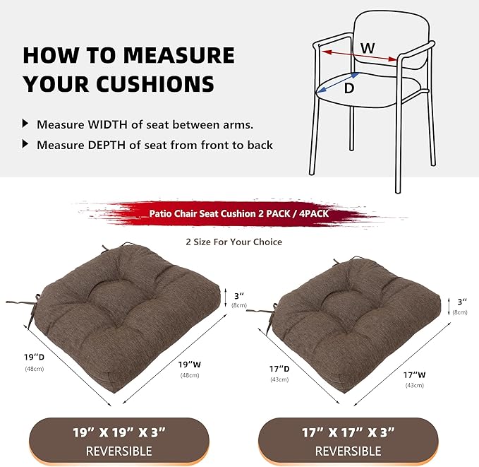 RACE LEAF Patio Chair Cushions 19x19 4 Pack, Thickened Heavy Duty Outdoor Cushions Stain & Water Resistant Non-Slip Ties Tufted (Brown)-VerdiqueGarden