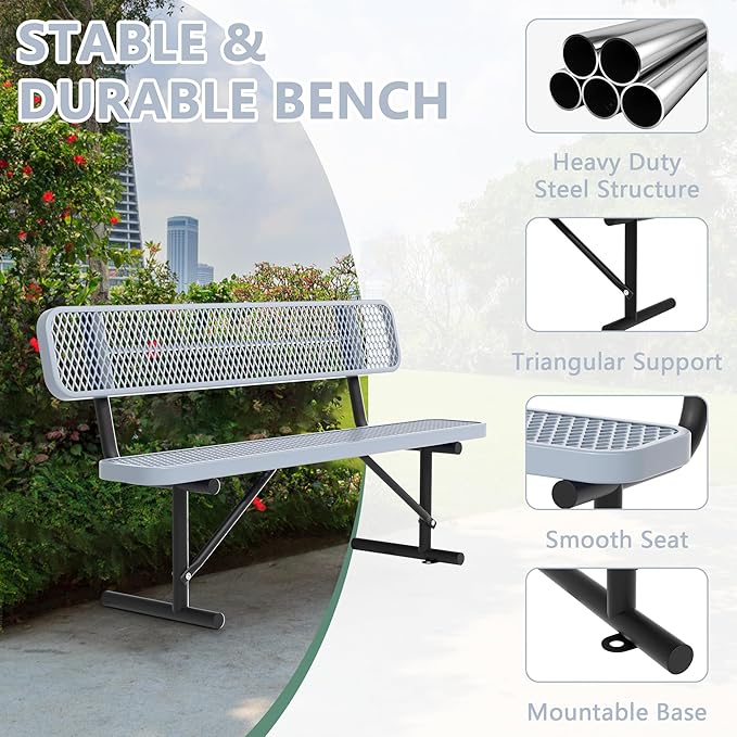 Heavy Duty Park Bench with Back Portable Frame, Outdoor Steel Bench with Backrest, Outdoor Park Bench Expanded Metal Mesh Bench for Lawn, Park, Deck, Garden, Patio, Porch, Black (Gray, 6FT)-VerdiqueGarden