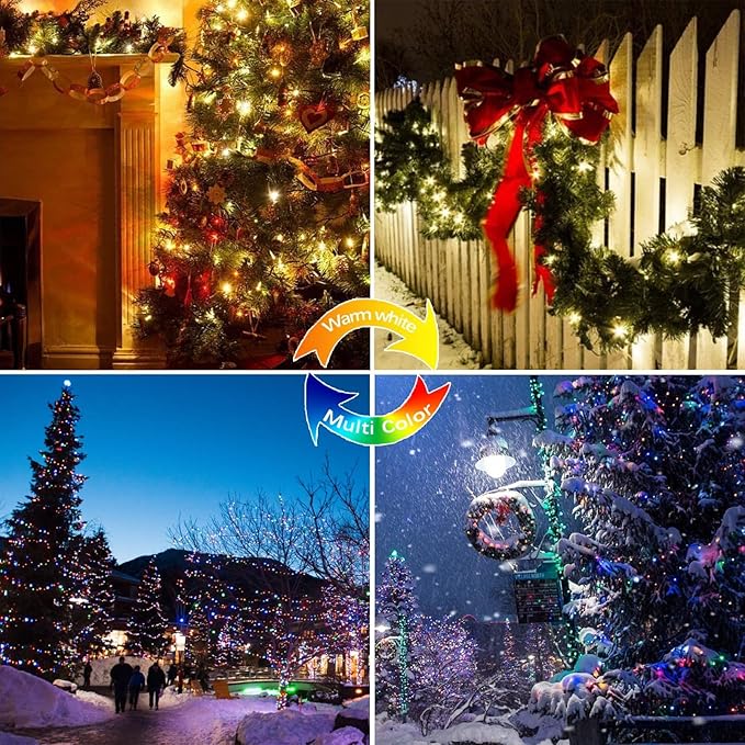 (Warm White ⇋ Multicolor) Solar Christmas String Lights Outdoor, 2-Pack 80FT 200 LED Waterproof Copper Wire, Solar Twinkle Lights with 8 Modes Solar Fairy Light for Tree Garden Wedding Christmas Decor-VerdiqueGarden