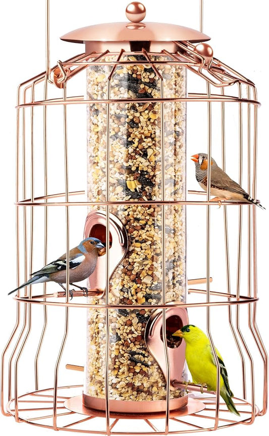 Squirrel Proof Bird Feeder for Outdoors Hanging (Metal Rose Gold) Bird Feeder with 4 Ports, Chew-Proof & Weather Resistant, Backyard Gift (10.25 x 6.25 x 6.25 inches)-VerdiqueGarden