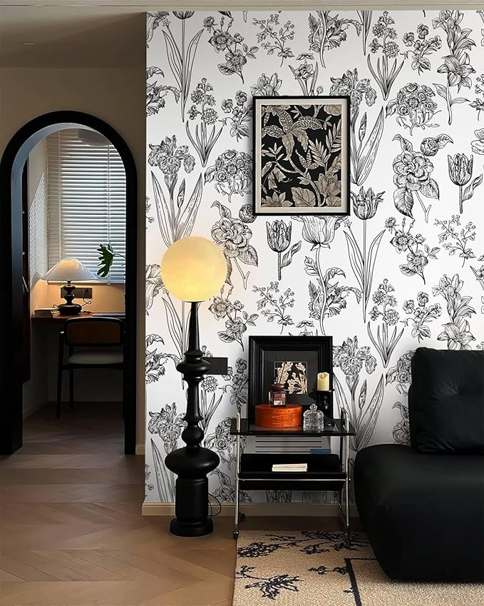 Dimoon 236"x17.3" Floral Peel and Stick Wallpaper White Contact Paper Waterproof Black Lines Wallpaper Vintage Flower Thicken Plant Self Adhesive Removable Wall Covering Shelf Liner Decal Vinyl Roll-VerdiqueGarden