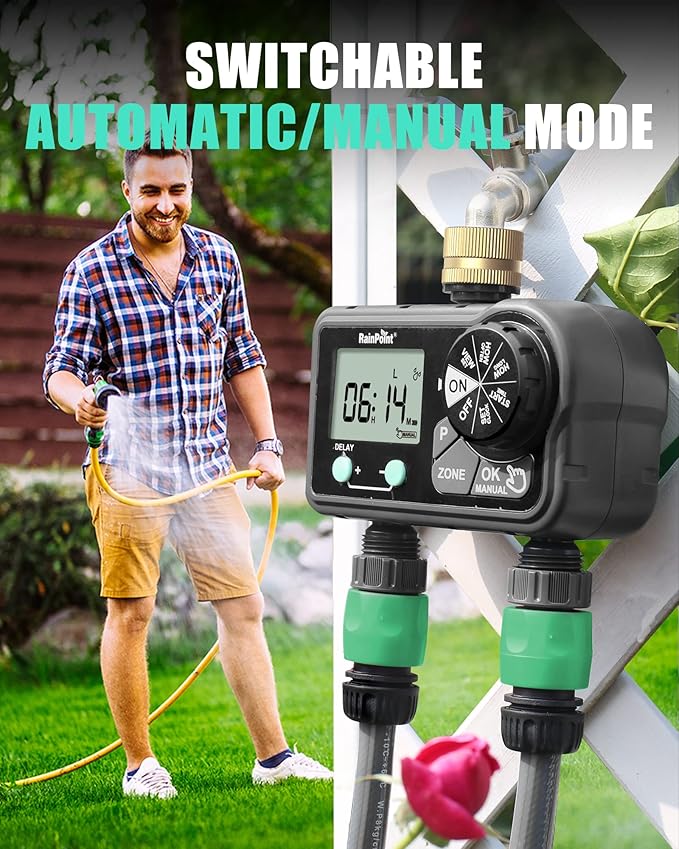 RAINPOINT Brass Sprinkler Timer 2 Stations, Large Digital Water Timer for Garden Hose with 6 Programmable Procedure, with Delay/Manual/Auto Irrigation Mode for Week/Specific/Daily Watering-VerdiqueGarden