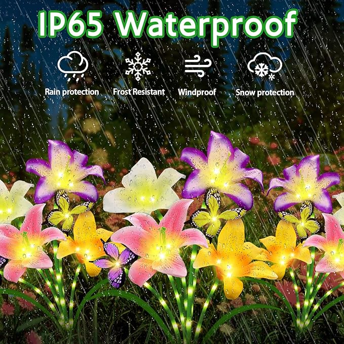 Solar Garden Lights 6 Pack 24 Lily Flowers with Butterfly Decor, Waterproof Solar Flower Lights for Outdoor - Upgraded Decorative Lilies for Yard, Patio, Pathway Decorations & Gardening Gifts-VerdiqueGarden