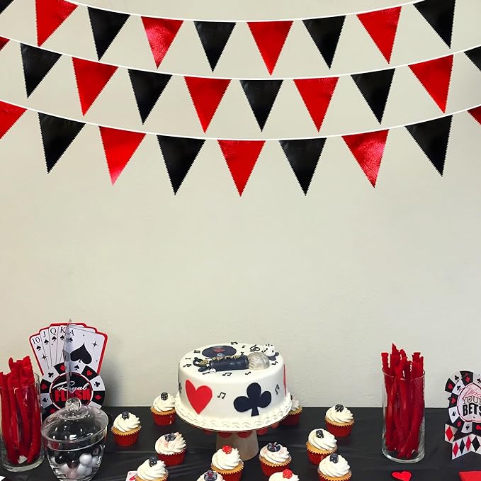 Red Black Party Decoration Metallic Fabric Triangle Pennant Banner Flag Bunting Garland for Graduation Halloween Birthday Wedding Bachelorette Anniversary Las Vegas Casino Poker Pirate Party Supplies-VerdiqueGarden