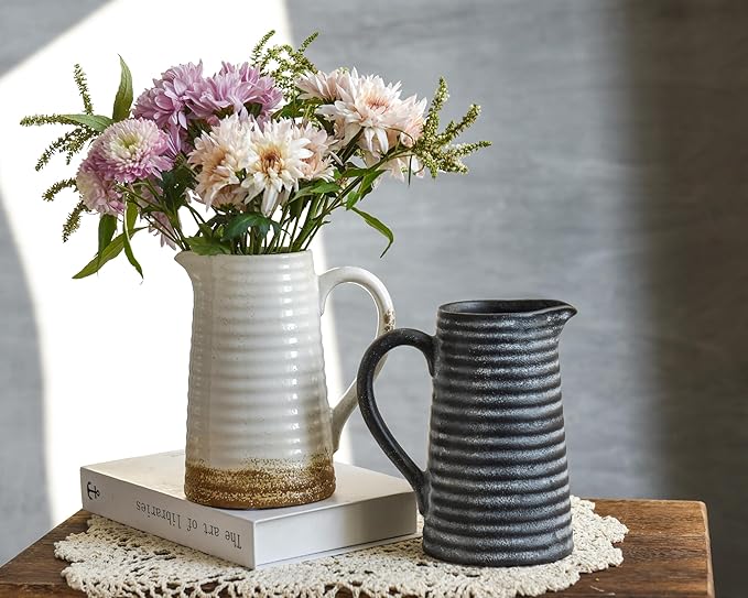 Quoowiit Ceramic Rustic Vase with Handle, White Distressed Decorative Farmhouse Pitcher Vase for Home Decor Living Room Bedroom Kitchen Office Shelf Decor Centerpiece Table Decoration-VerdiqueGarden