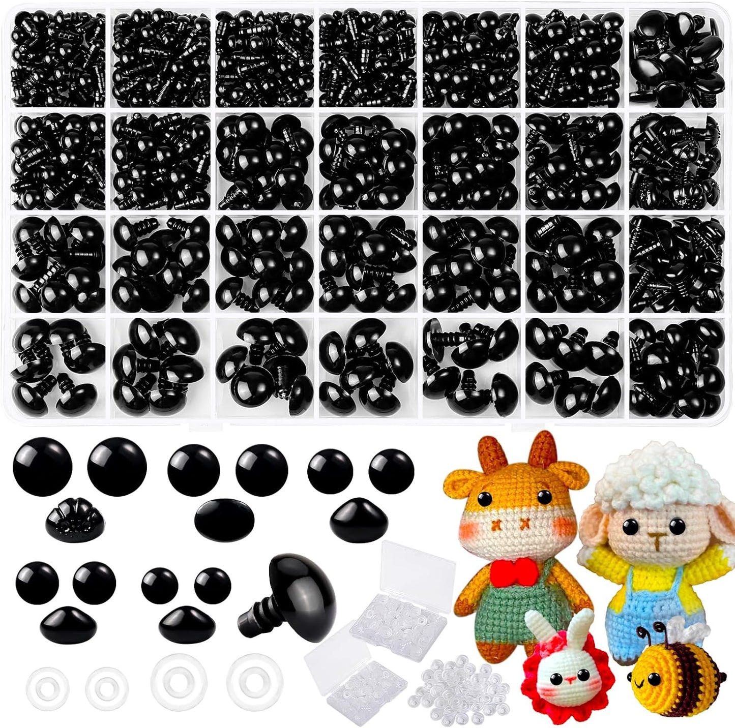 1000 Pcs 6-14mm Safety Eyes and Noses for Crochet, Black Plastic Safety Eyes with Washers, Craft Doll Eyes for Stuffed Animals, DIY Accessories, Assorted Sizes-VerdiqueGarden