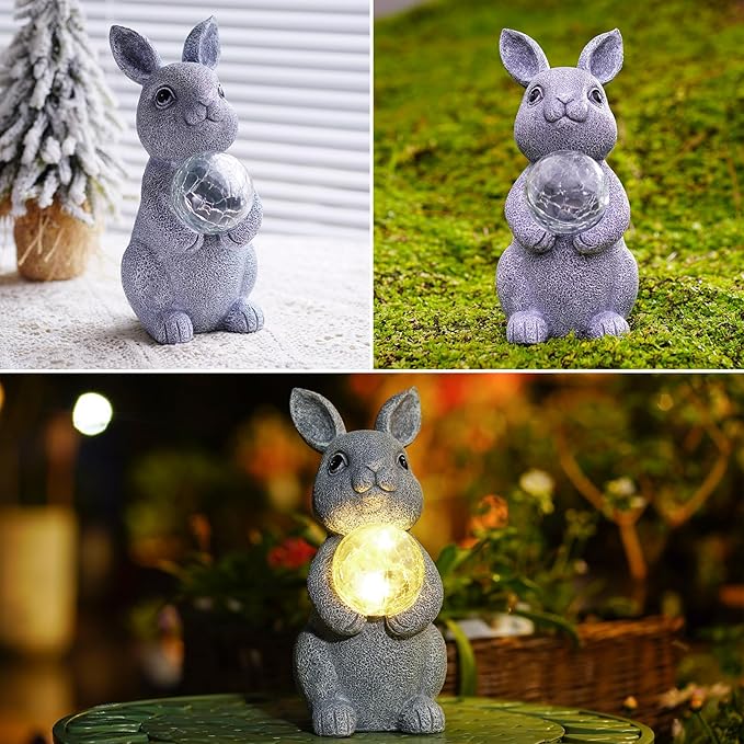 Solar Garden Outdoor Statues Bunny with Gazing Ball - Outdoor Decor Garden Rabbit Statue for Patio, Balcony, Yard, Lawn Ornament - Unique Housewarming Gifts-VerdiqueGarden